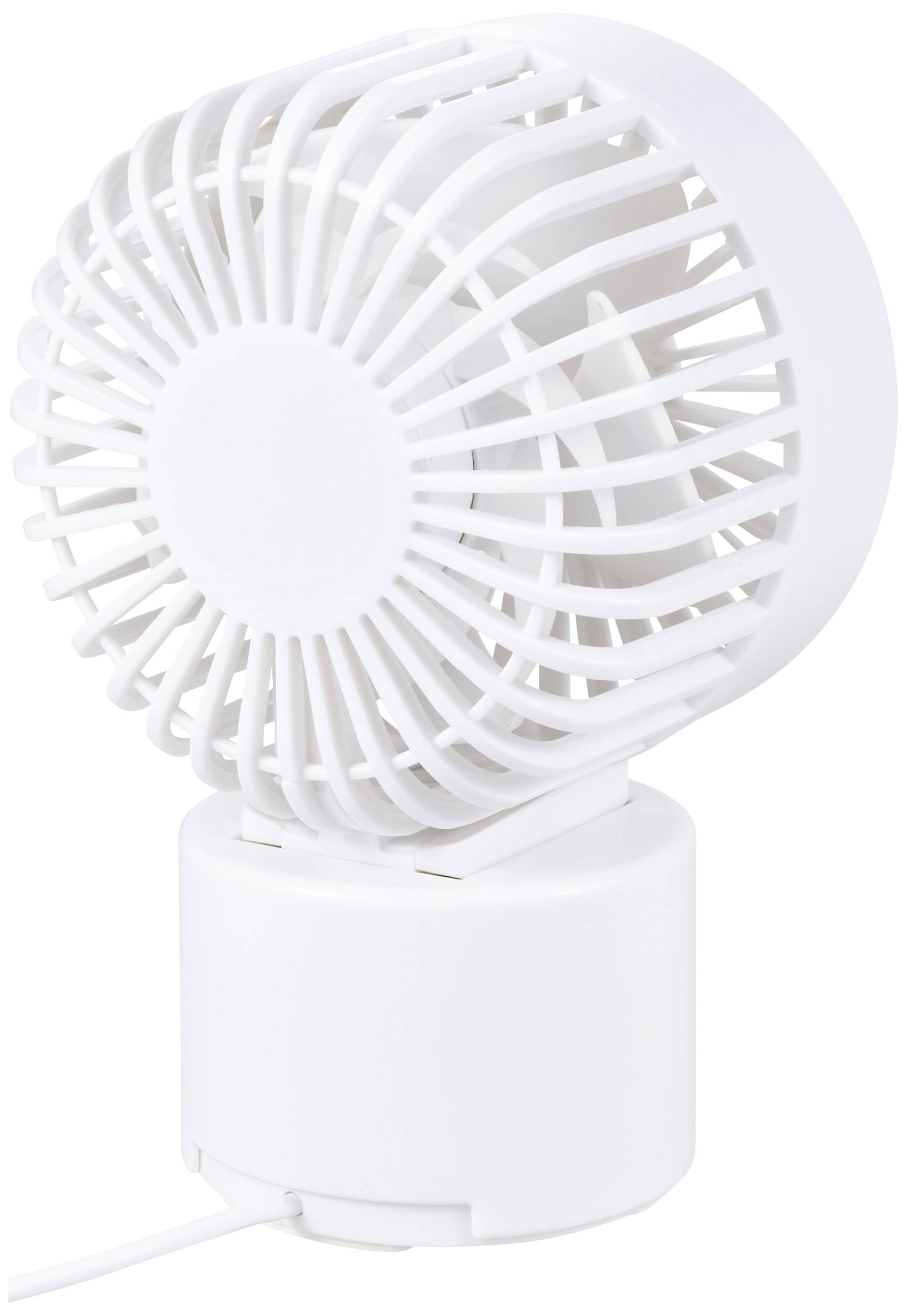 Bílý stolní ventilátor s otočnou hlavou, kompaktní a přenosný, vhodný pro použití v malých prostorách nebo na cestách.
