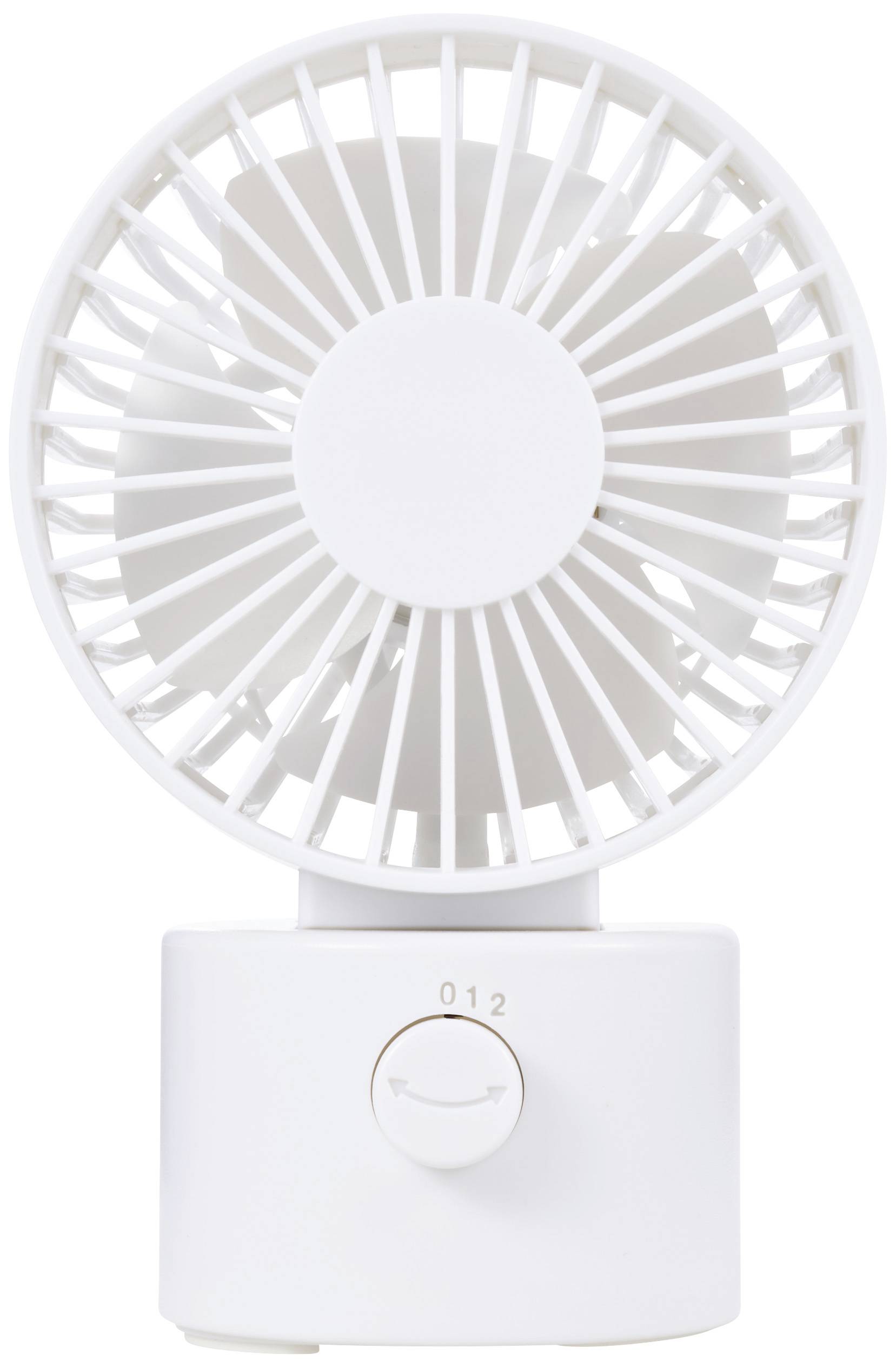 Malý bílý stolní ventilátor s nastavitelným regulátorem rychlosti na přední straně. Ideální pro ochlazení v interiérech.
