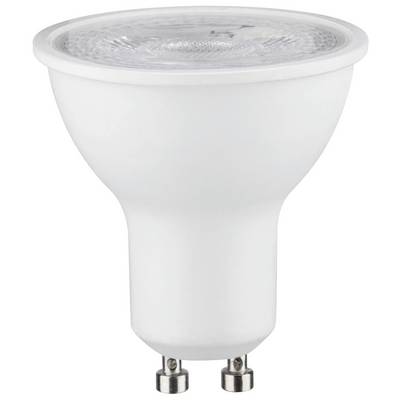 Bílá LED žárovka s paticí GU10, vhodná pro úsporné osvětlení.