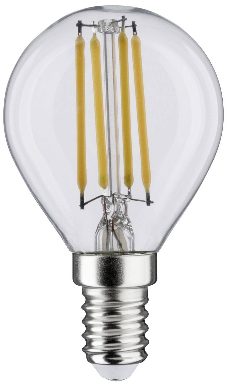 Čirá LED žárovka se viditelnými vlákny, stojící na bílém pozadí. Má patici E14.