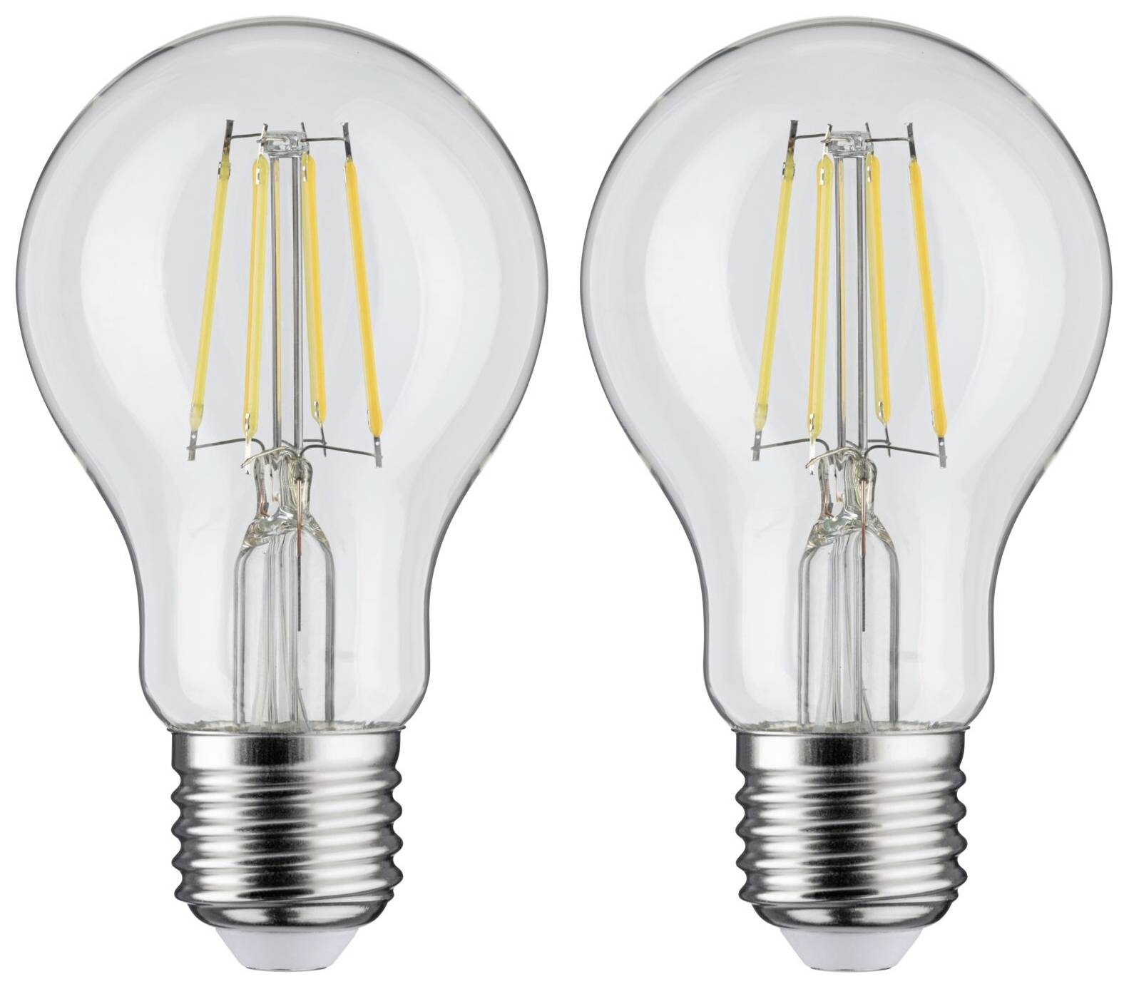Dvě identické LED žárovky s průhlednými skleněnými baňkami a viditelnými vlákny umístěné vedle sebe na bílém pozadí.