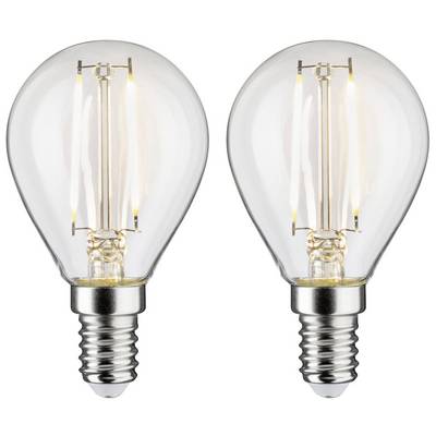 Dvě čiré LED žárovky se závitem E14, zářící, na bílém pozadí.