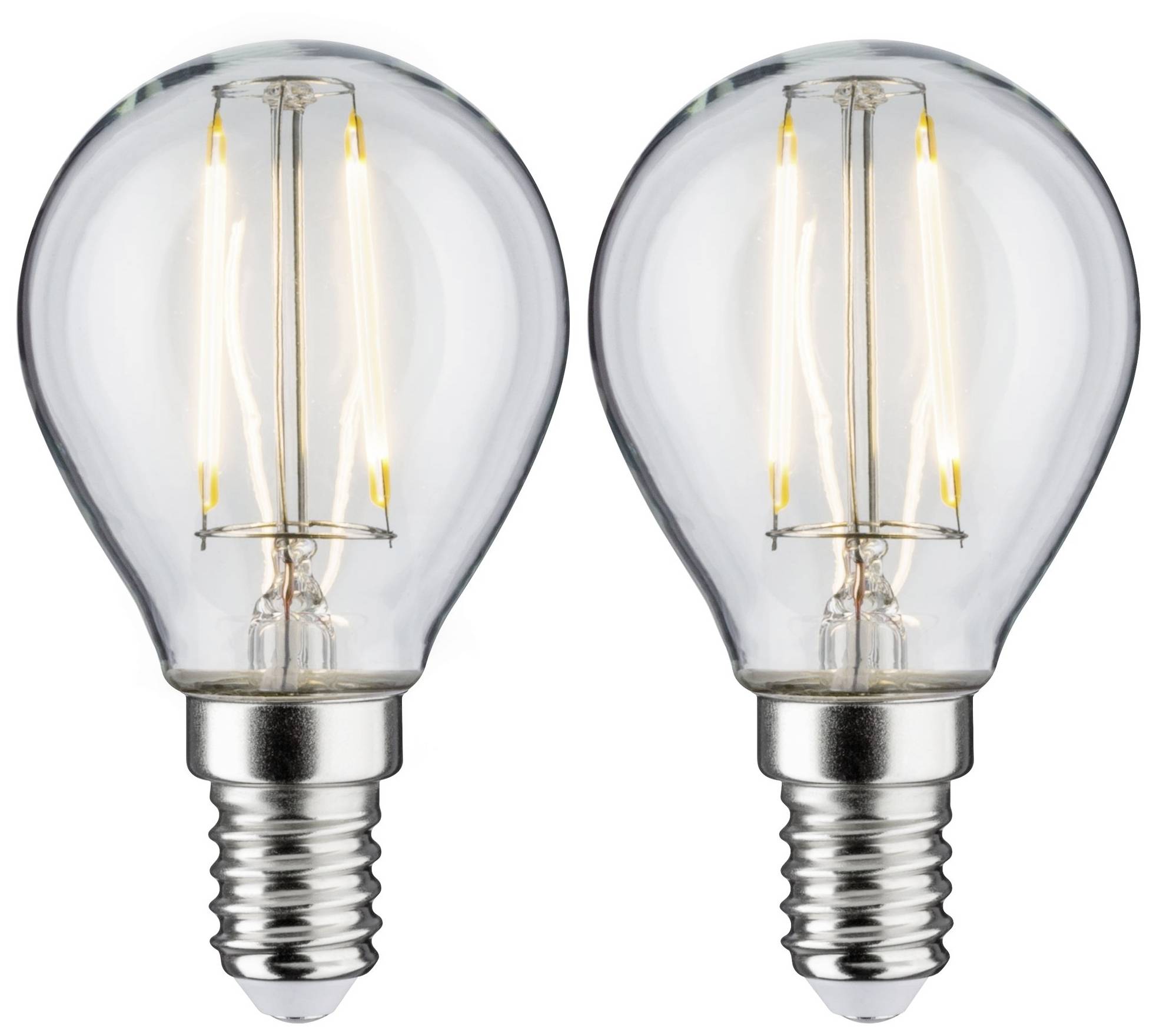 Dva rozsvícené LED žárovky se soklem E14 vyzařující teplé bílé světlo.