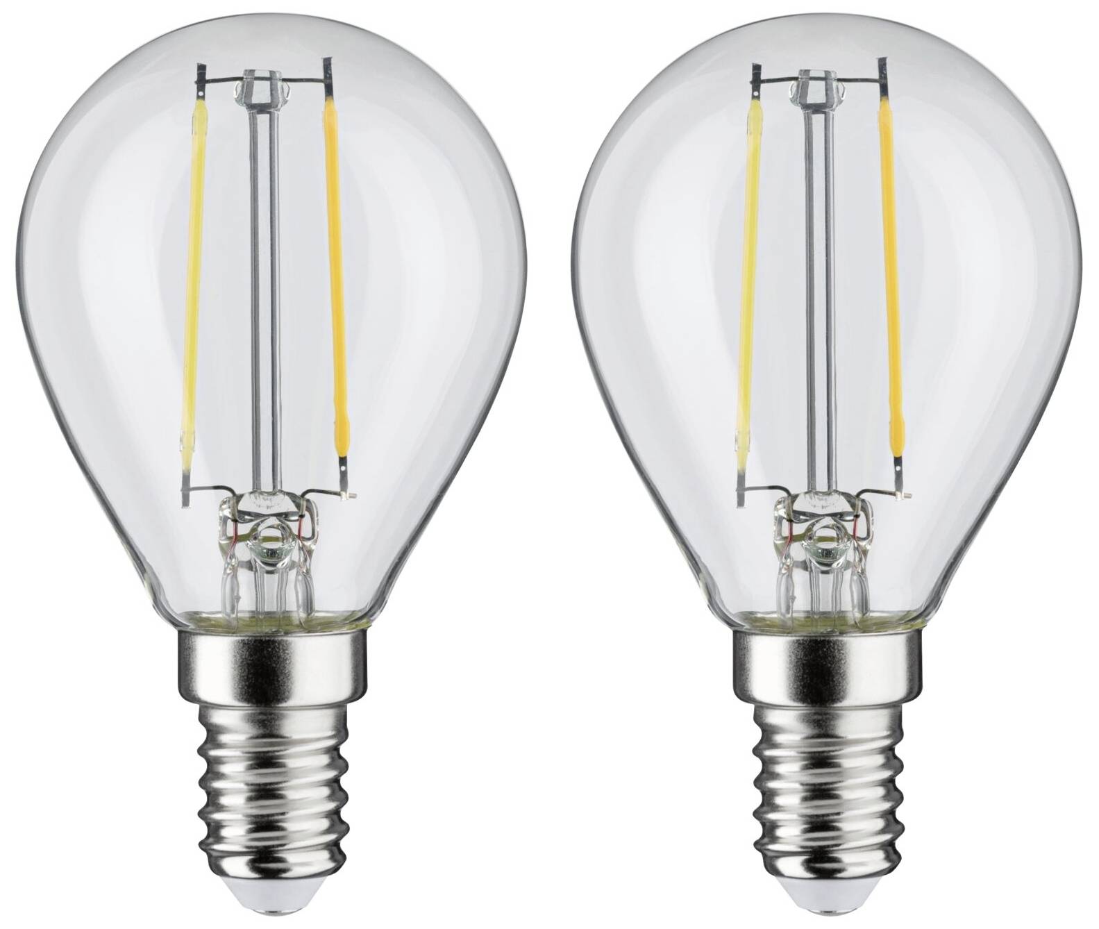 Dvě LED žárovky se viditelnými vlákny na bílém pozadí. Úsporné a dekorativní osvětlení do domácnosti.