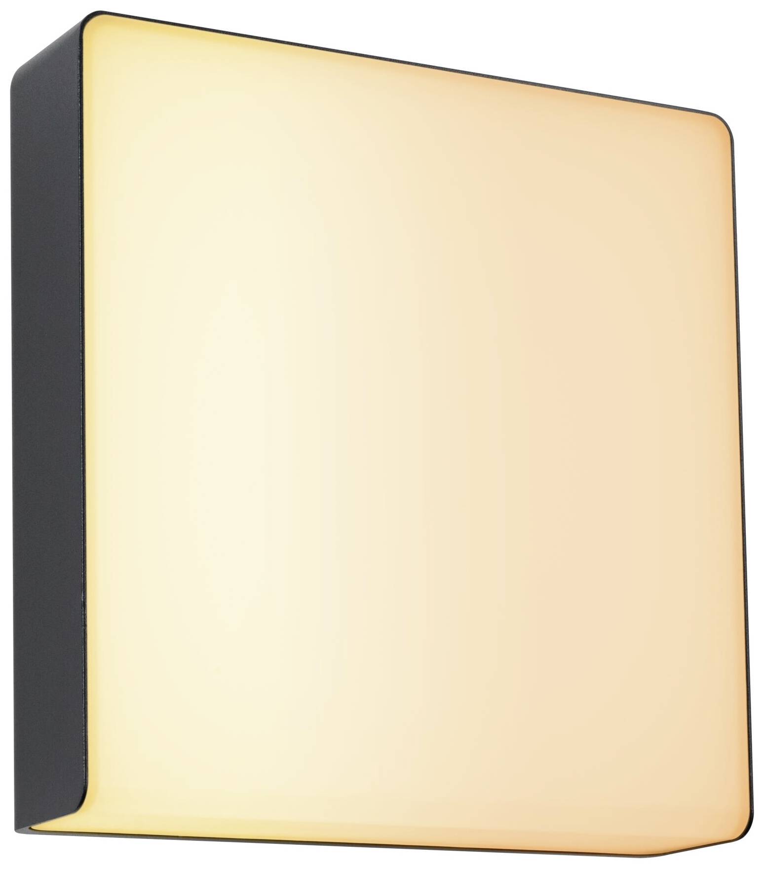 Čtvercové nástěnné svítidlo s teplým bílým světlem, obklopené černým rámečkem. Ideální pro nenápadné osvětlení interiéru.