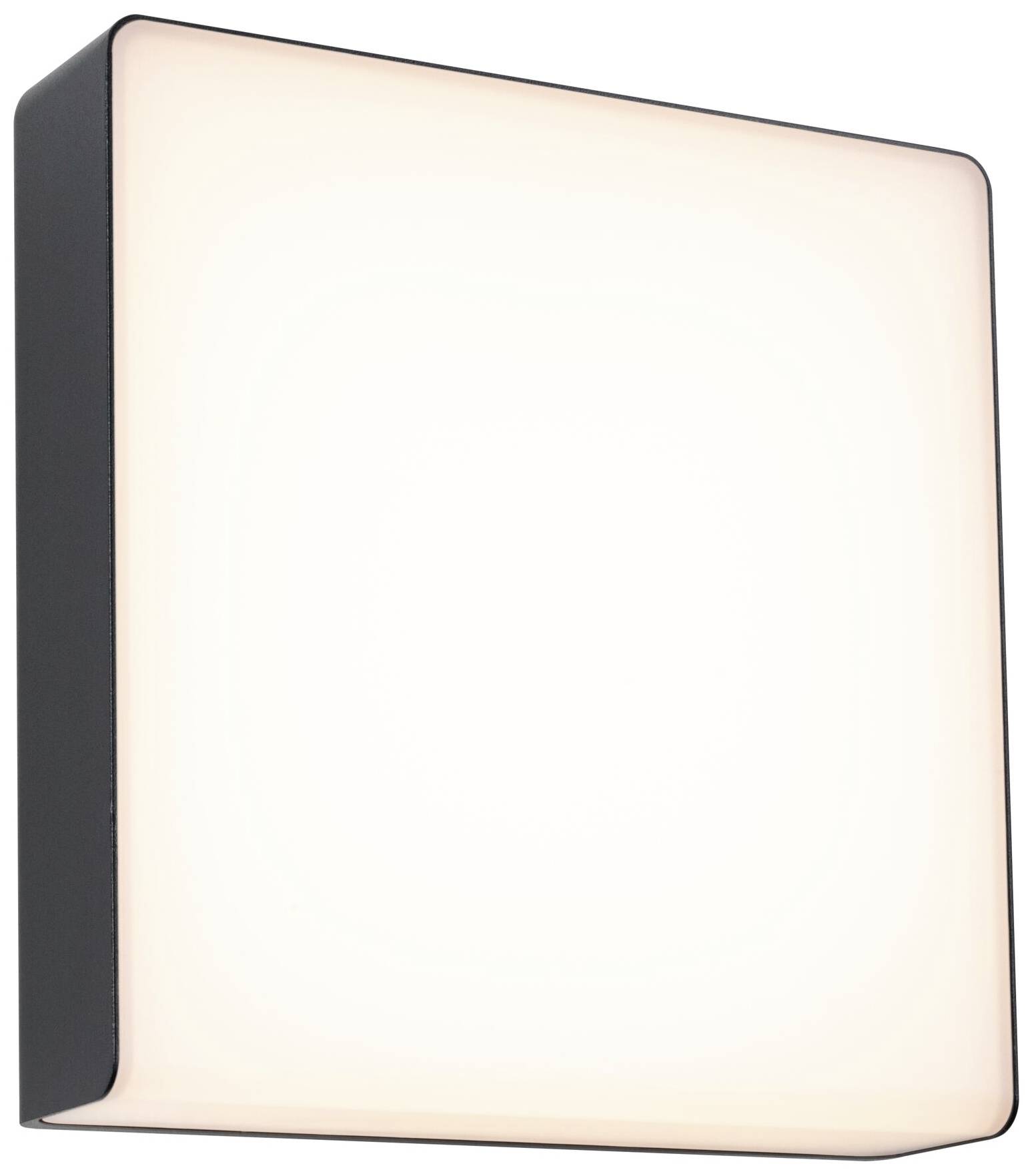 Čtvercové stropní svítidlo s černým rámem a difuzní bílou plochou, které vyzařuje měkké, rovnoměrné světlo.