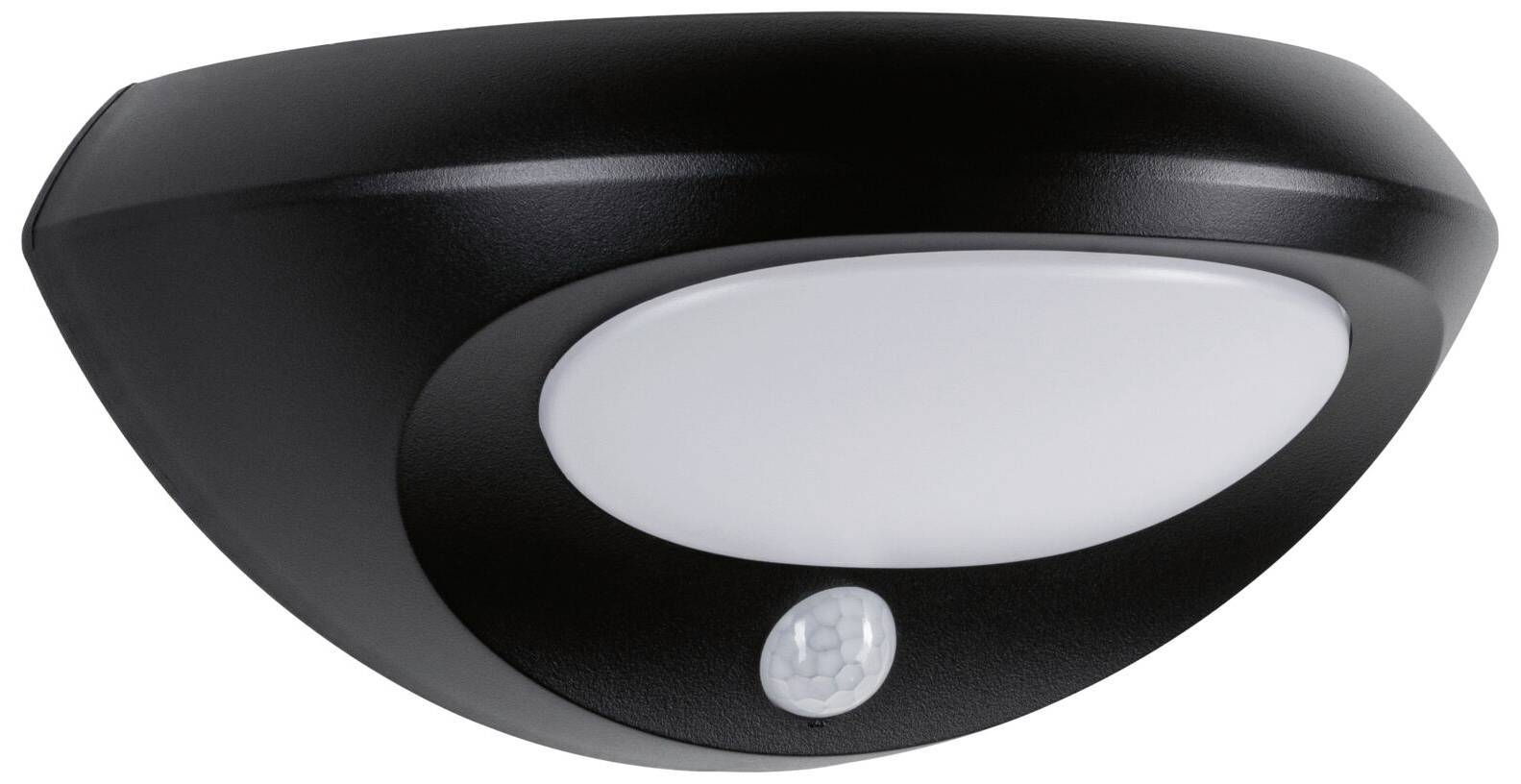 Černé polopřisazené stropní svítidlo s integrovaným pohybovým senzorem, vhodné do interiérů pro automatické osvětlení.