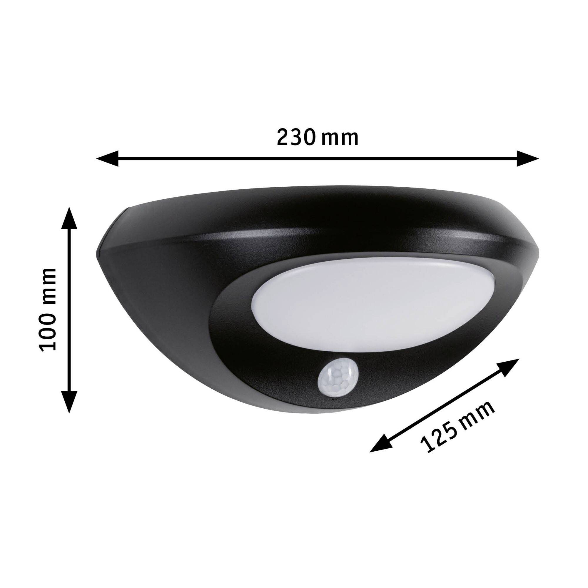 Obrázek ukazuje černé stropní svítidlo s pohybovým senzorem, rozměry 230 x 125 x 100 mm.