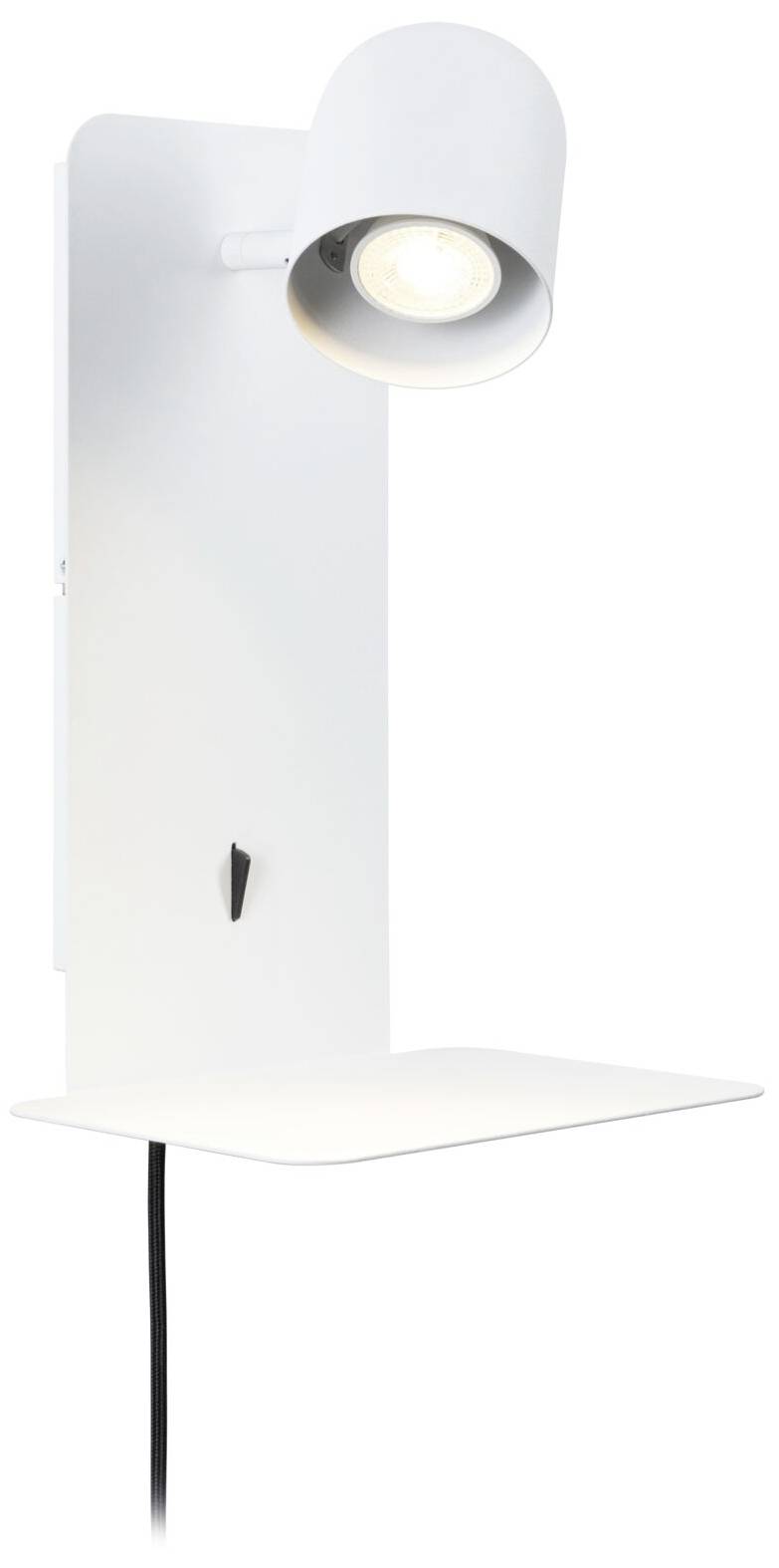 Bílé nástěnné svítidlo s integrovanou policí. Nastavitelná lampová hlava svítí dolů. Minimalistický design.