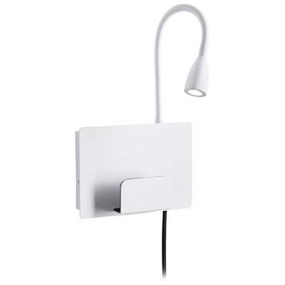 Bílé nástěnné svítidlo s flexibilním krkem a integrovanou odkládací přihrádkou. Štíhlý, moderní design zaměřený na osvětlení pro čtení.