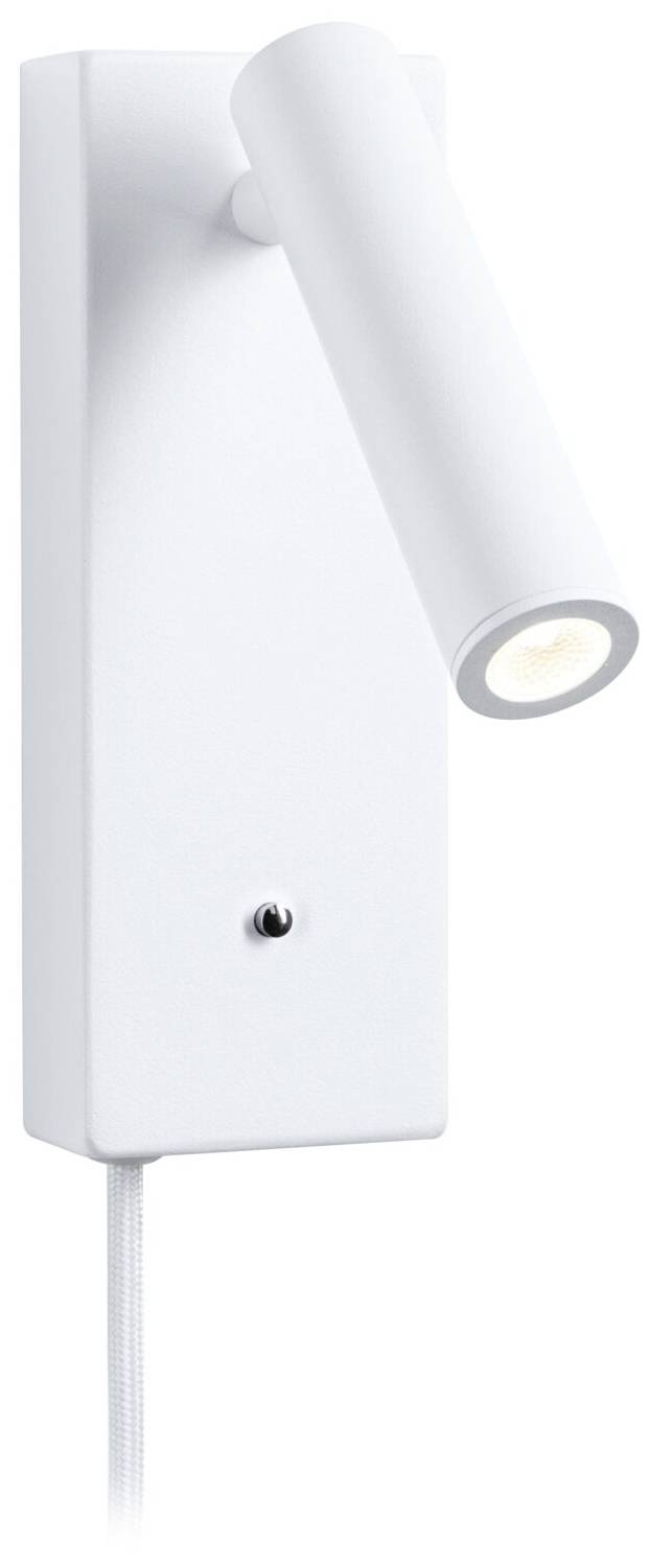 Bílé válcové nástěnné svítidlo s integrovaným LED reflektorem; minimalistický design vhodný pro moderní interiéry.