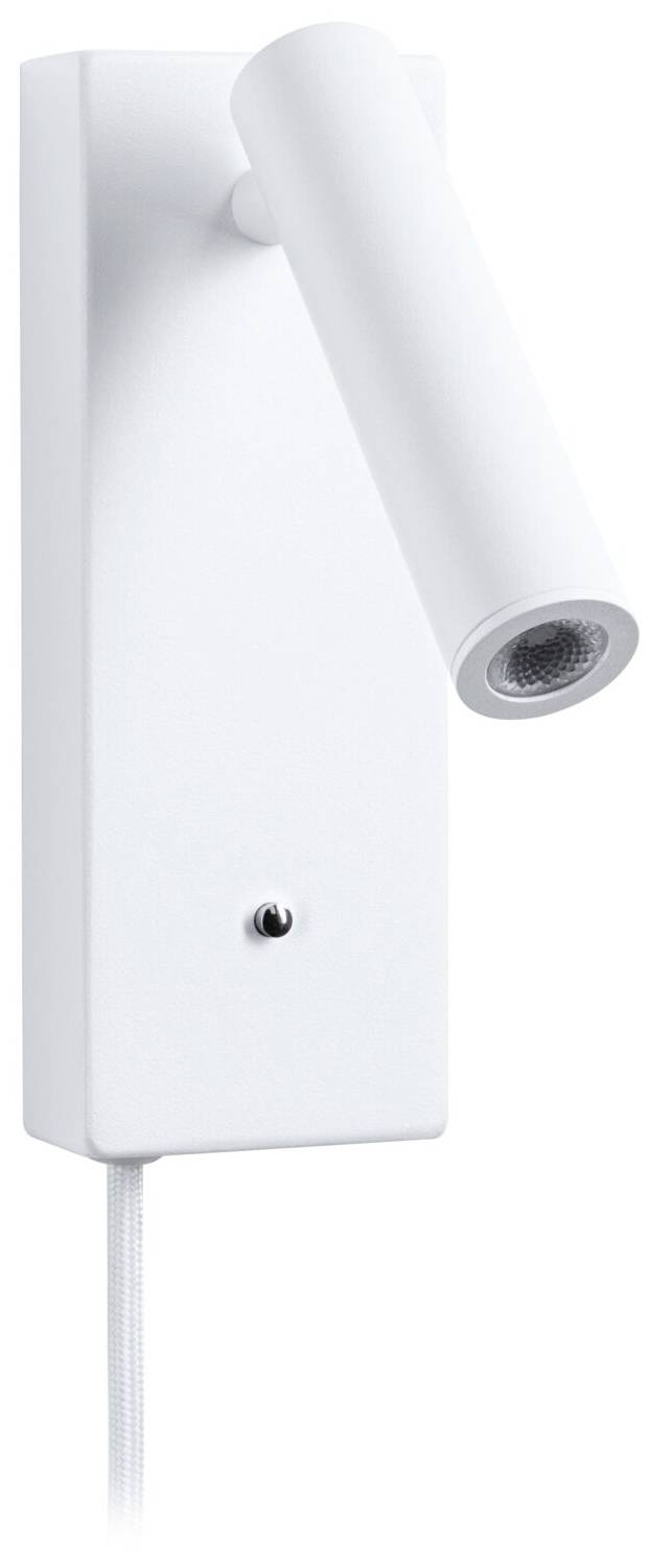 Bílé válcové nástěnné LED svítidlo, které je směrováno dolů a vykazuje moderní, minimalistický design.