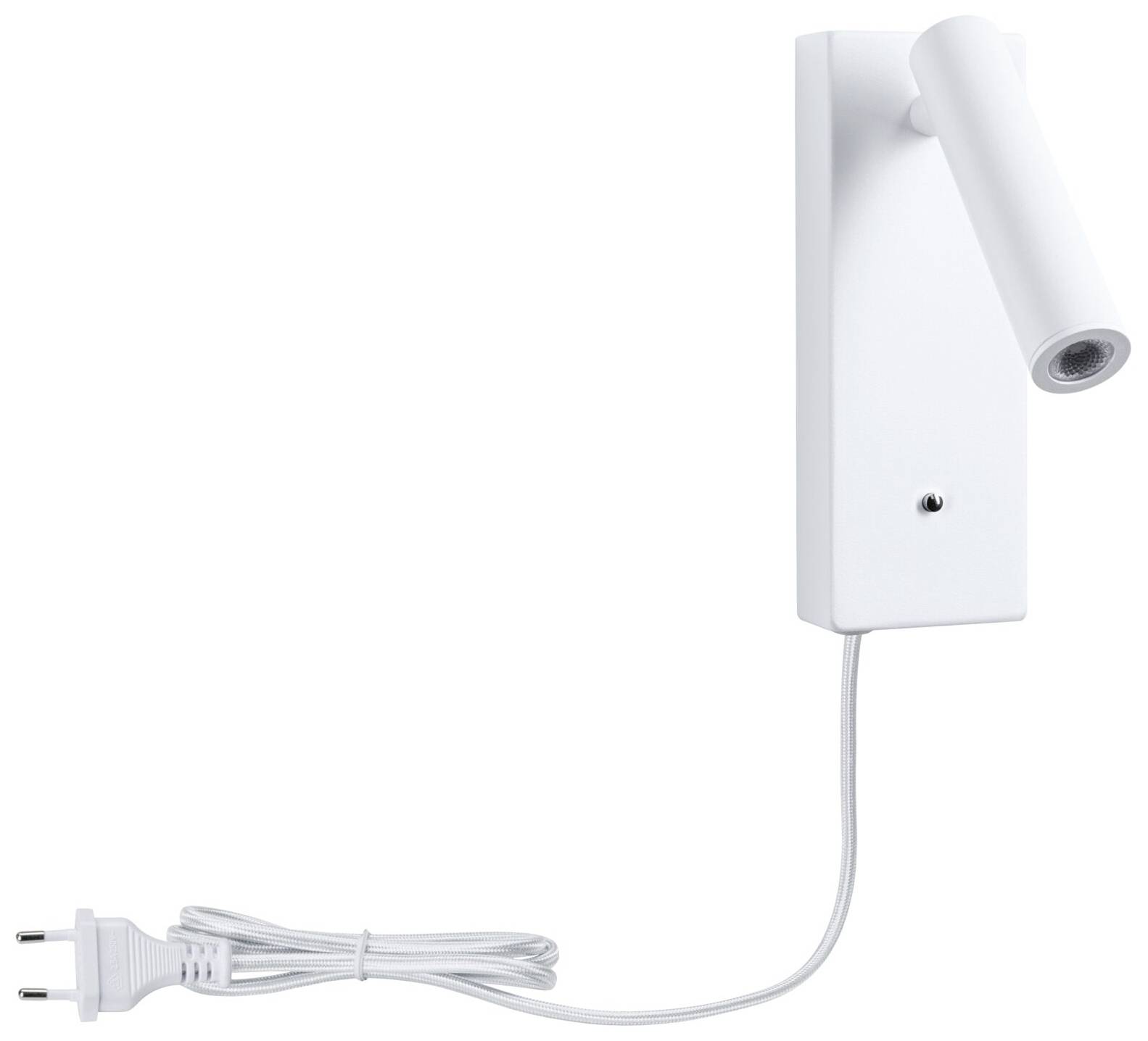 Bílé, moderní nástěnné svítidlo s flexibilním ramenem. Viditelný elektrický kabel a zástrčka. Vhodné pro cíleně směrované osvětlení.