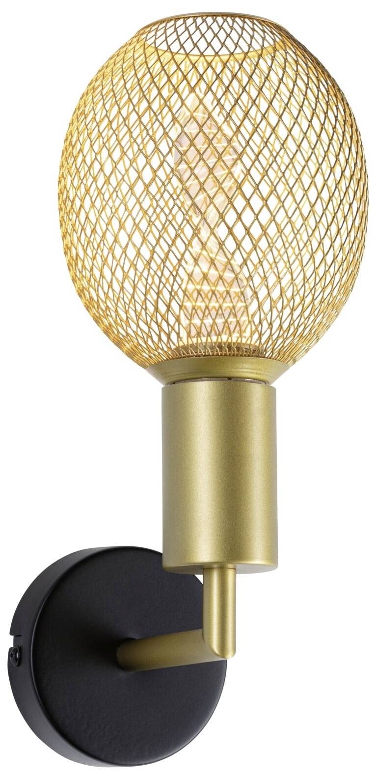 Nástěnná lampa se zlatým mřížkovým designem, kovovým podstavcem a černým nástěnným držákem, elegantní a moderní.