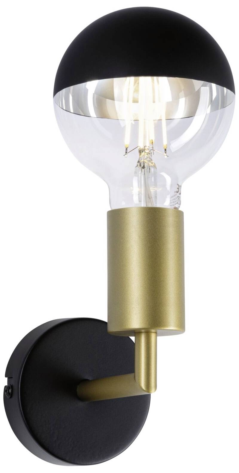 Nástěnná lampa s kulatým černým stínítkem, průhlednou skleněnou částí a zlatou objímkou, upevněná na černé kruhovité základně.