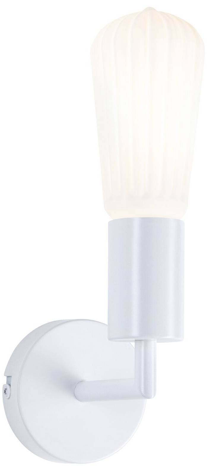 Moderní nástěnná lampa s válcovým bílým tělem a dlouhou, tvarovanou žárovkou. Ideální do interiéru.