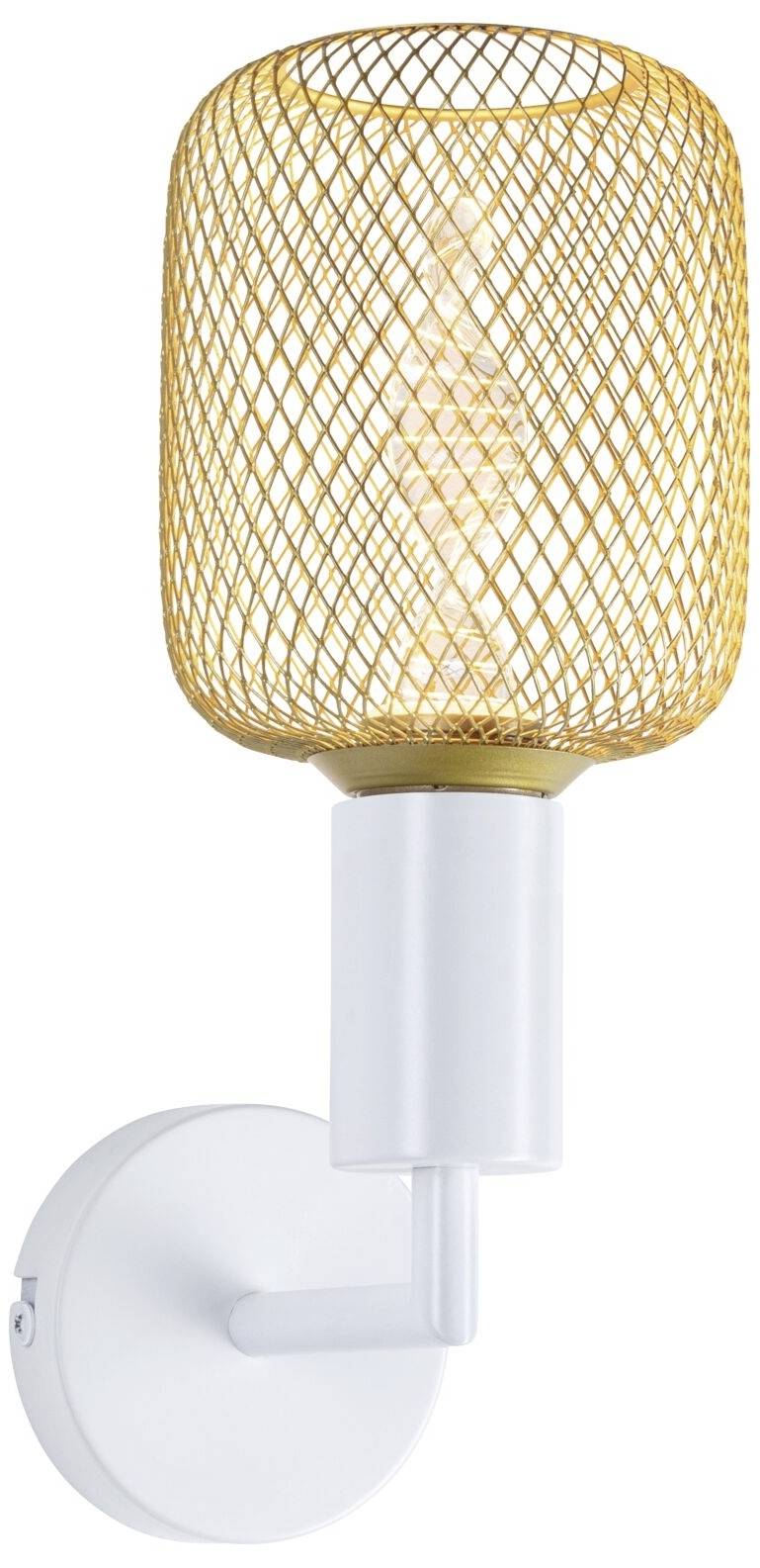 Nástěnná lampa se zlatým drátěným stínidlem a bílou základnou vyzařuje teplé světlo. Ideální pro moderní interiérový design.