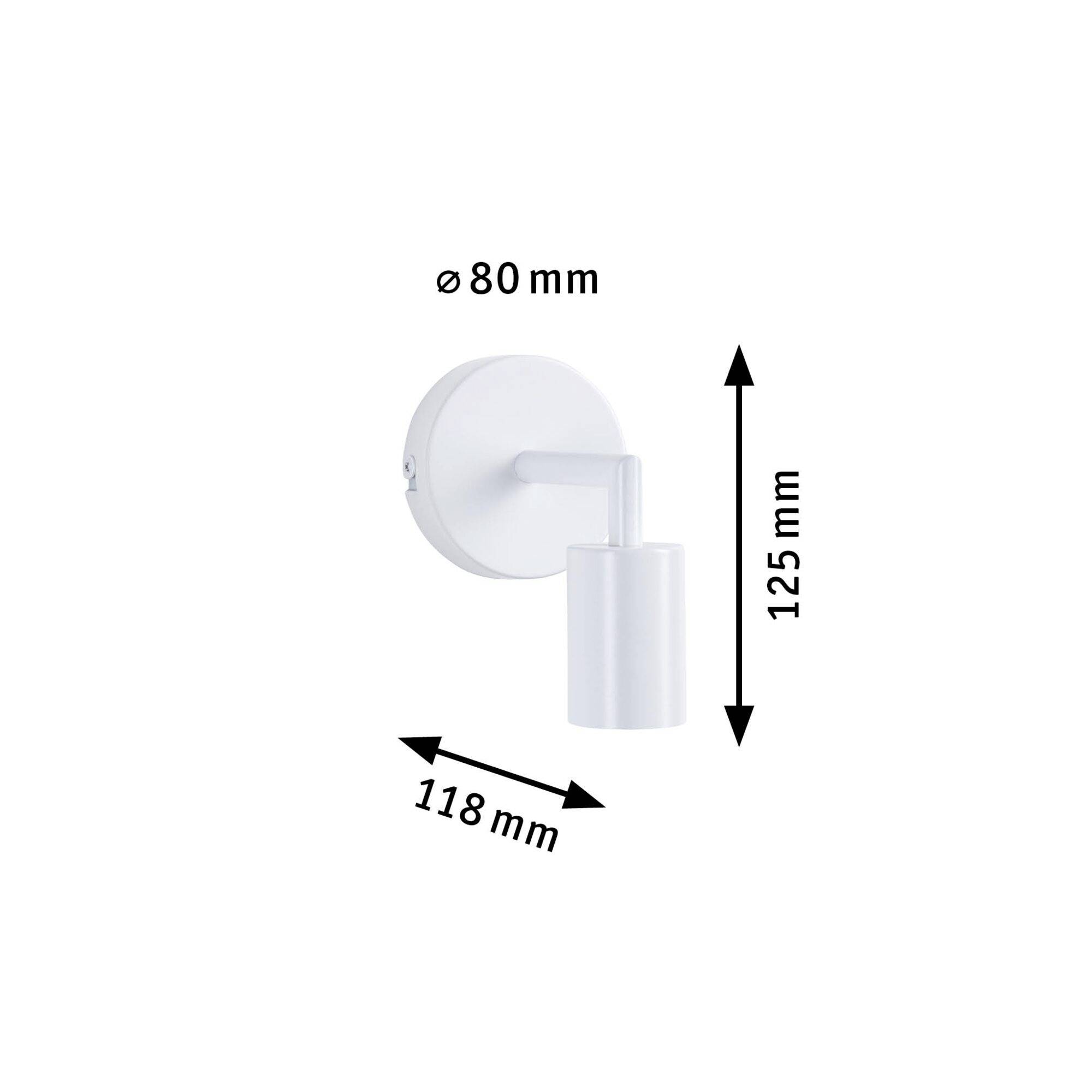 Minimalistická bílá nástěnná lampa s kulatou základnou, výška 125 mm, šířka 118 mm, průměr základny 80 mm, s válcovým stínidlem.