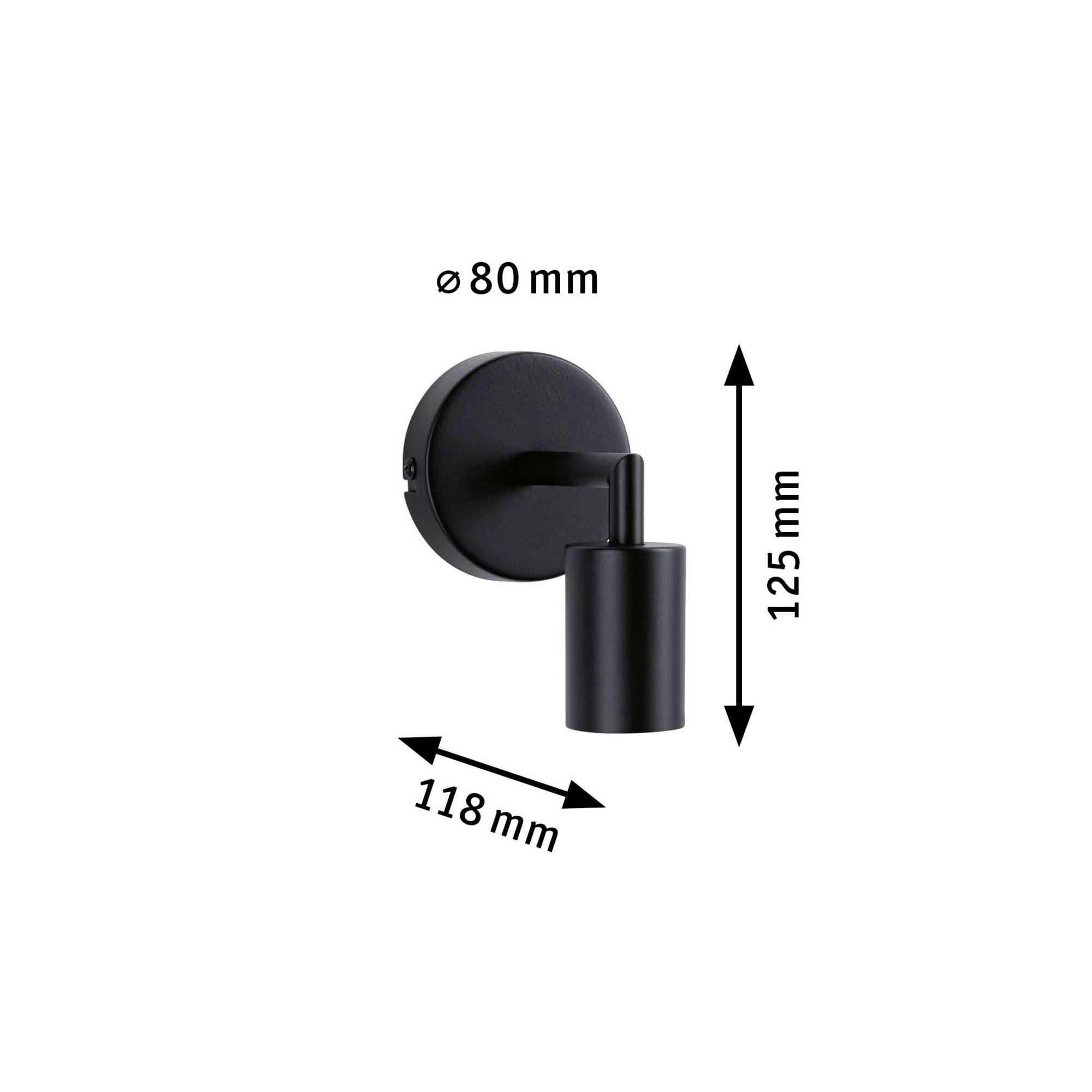 Nástěnná lampa v černé barvě s kulatou základnou (průměr 80 mm). Lampa je válcovitého tvaru, měří 125 mm na výšku a 118 mm do hloubky.