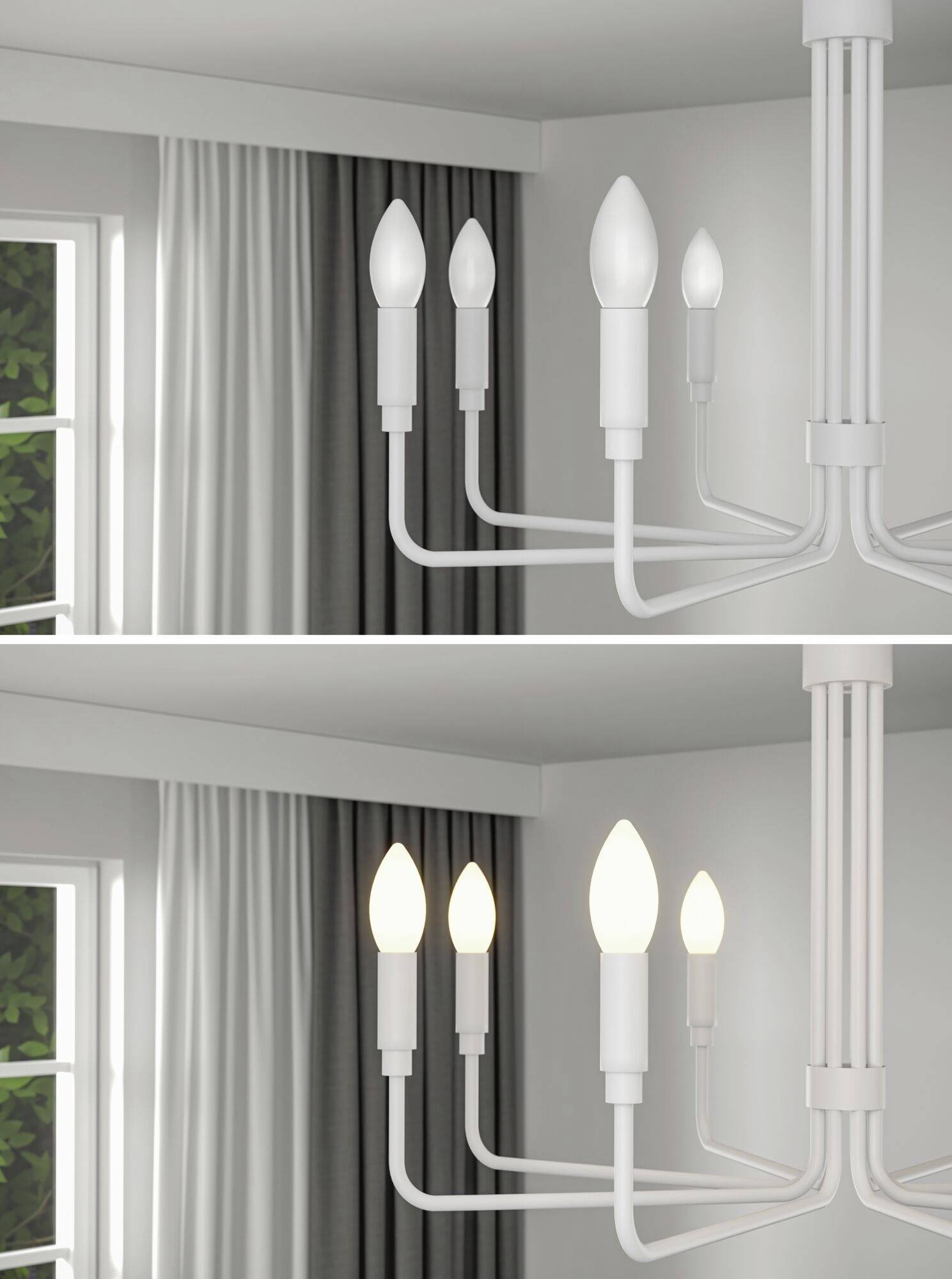 Stolní lampa s několika žárovkami. Nahoře jsou žárovky vypnuté, dole jsou zapnuté a svítí.