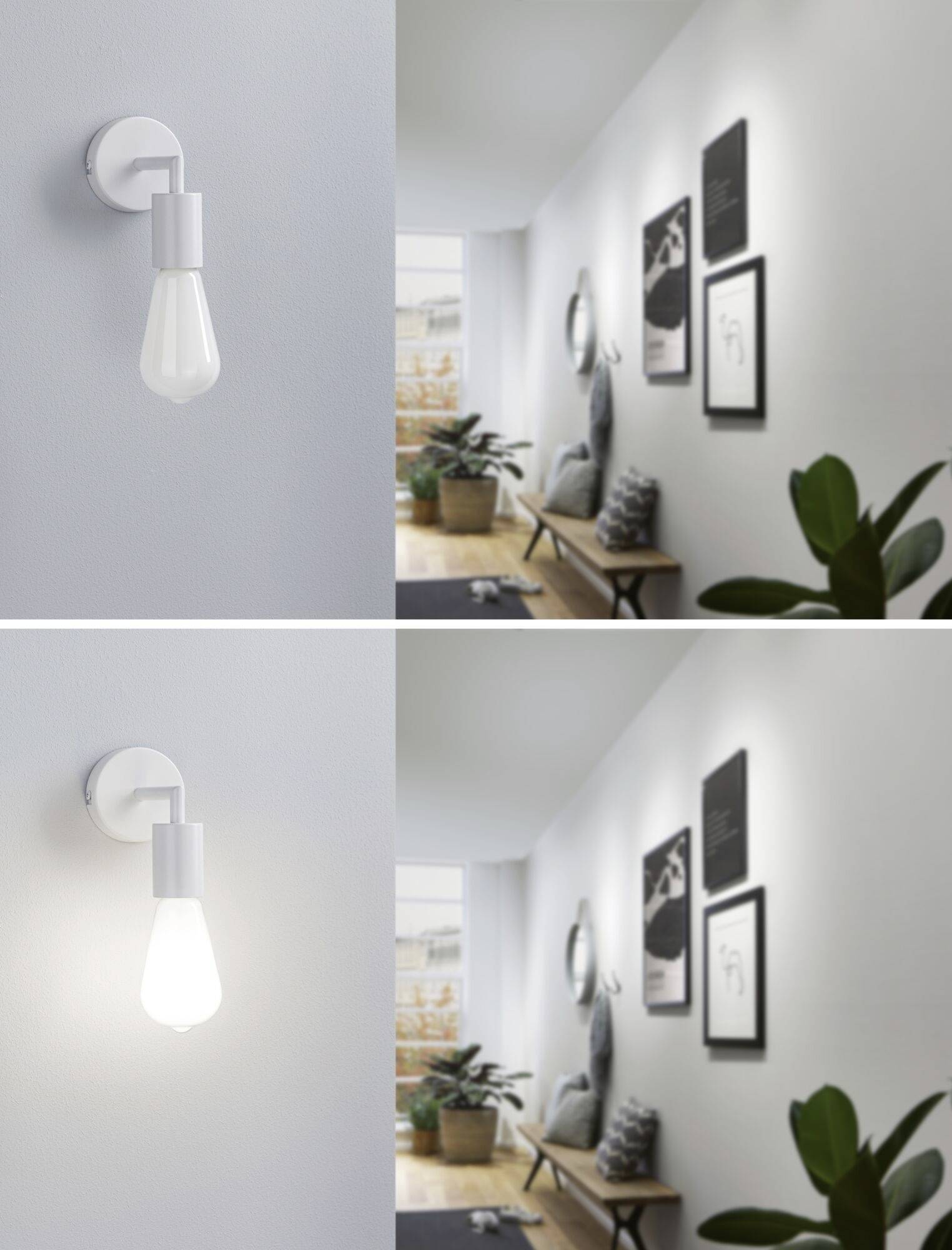 Nahoře: Nástěnná lampa je vypnutá, moderní chodba s rostlinami a obrazy na stěně. Dole: Stejná scéna, ale lampa je zapnutá.