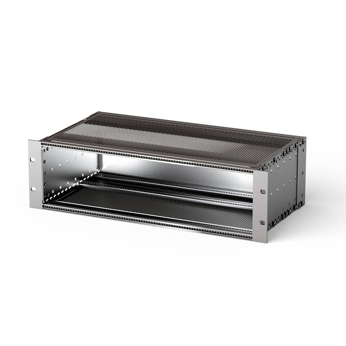 Kovový rám pro montáž do racku, s větracími otvory po stranách. Ideální pro montáž elektronických zařízení nebo serverů.