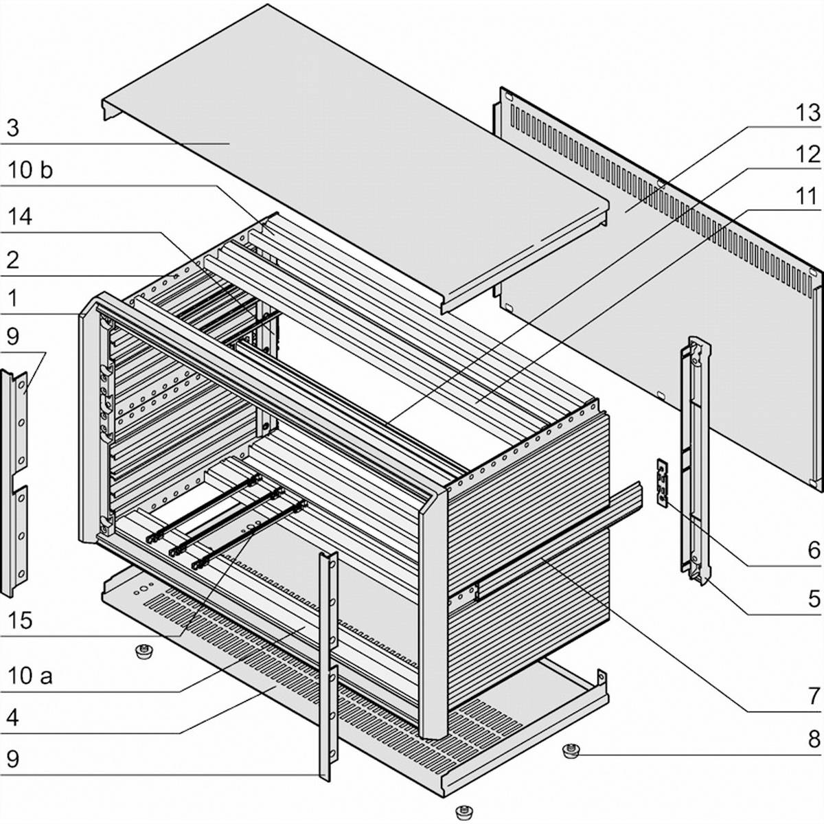 Výkres rozloženého serverového racku s číslovanými díly. Obsahuje krycí desky, rám a montážní komponenty pro detailní zobrazení.
