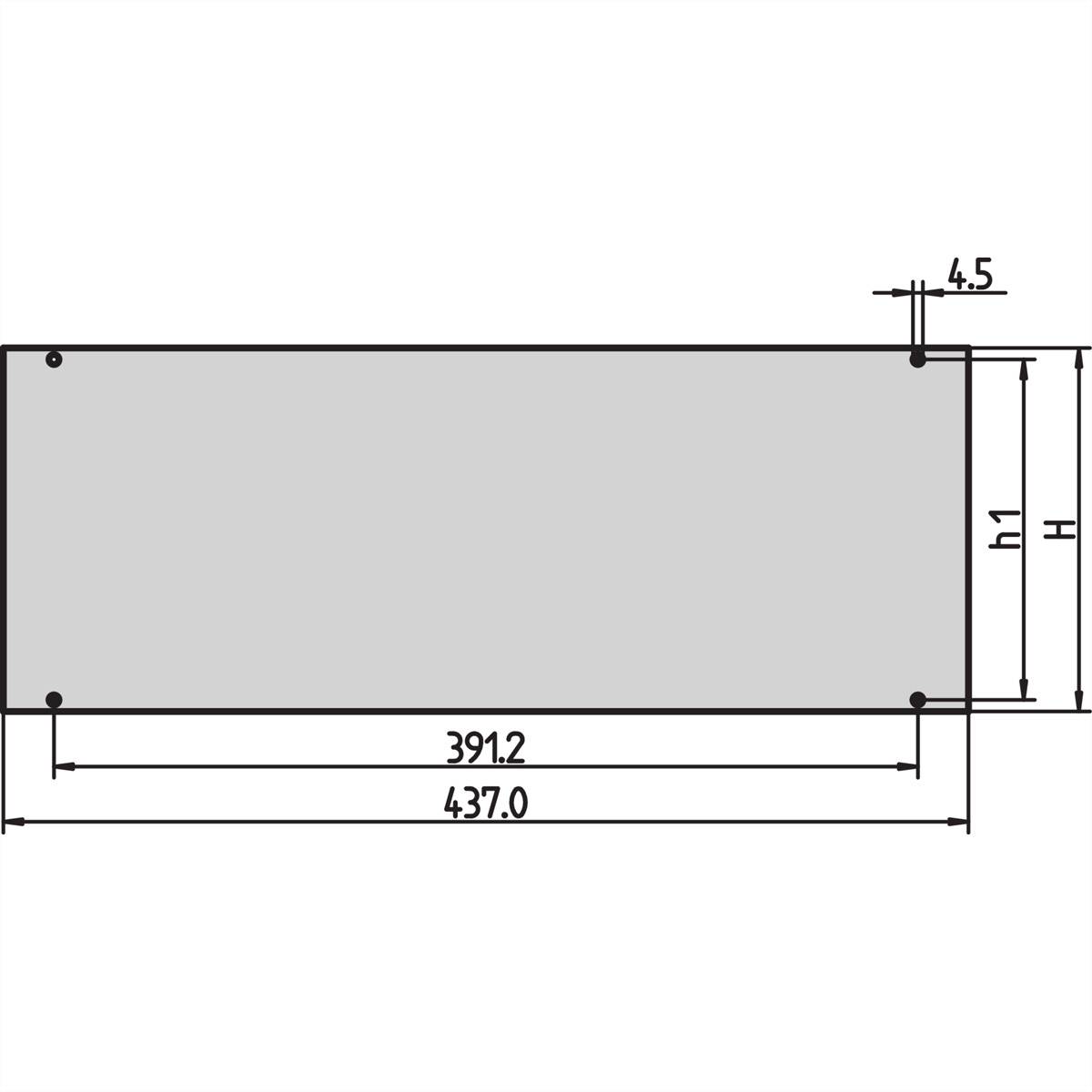 Technický výkres obdélníkového dílu s rozměry: šířka 437,0 mm, výška H, menší úsek H1, okrajová vzdálenost 4,5 mm.