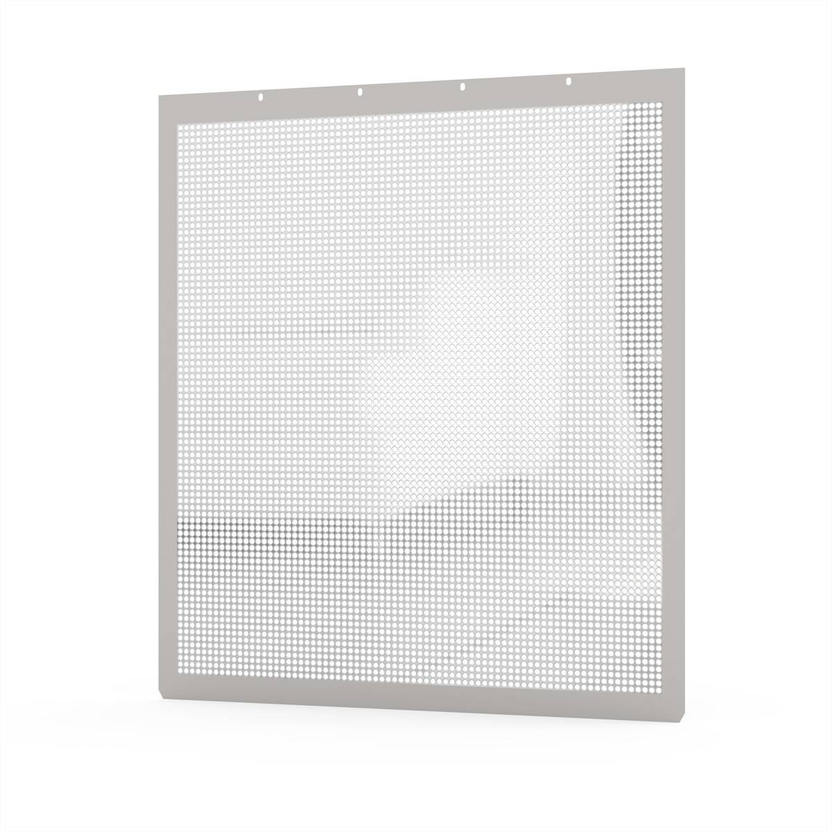 Kovová mřížka v čtvercovém tvaru s jemnými, stejnoměrnými otvory. Design působí minimalisticky a funkčně.