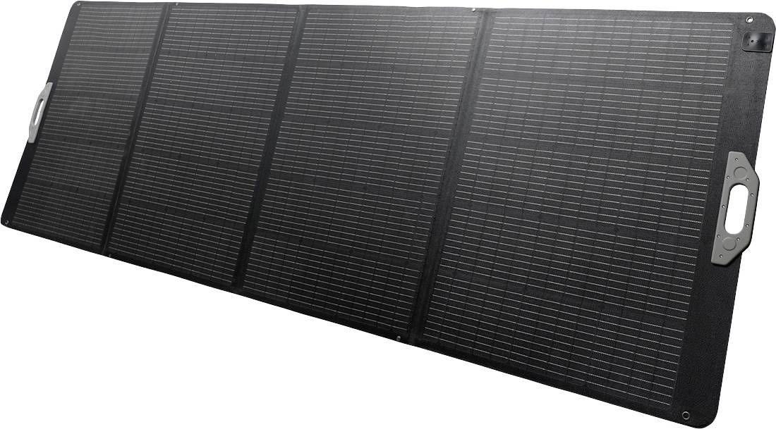 Přenosný solární panel se čtyřmi sekcemi je rozložený. Je vybavený madly po stranách, vhodný pro mobilní napájení.