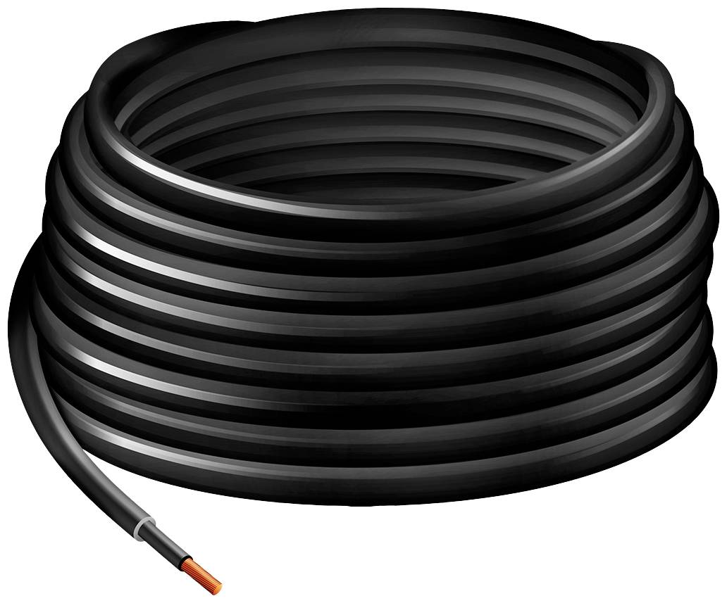 Velká role černého elektrikářského kabelu s viditelným oranžovým koncem vodiče, ideální pro elektrikářské práce nebo projekty spojené s kabeláží.