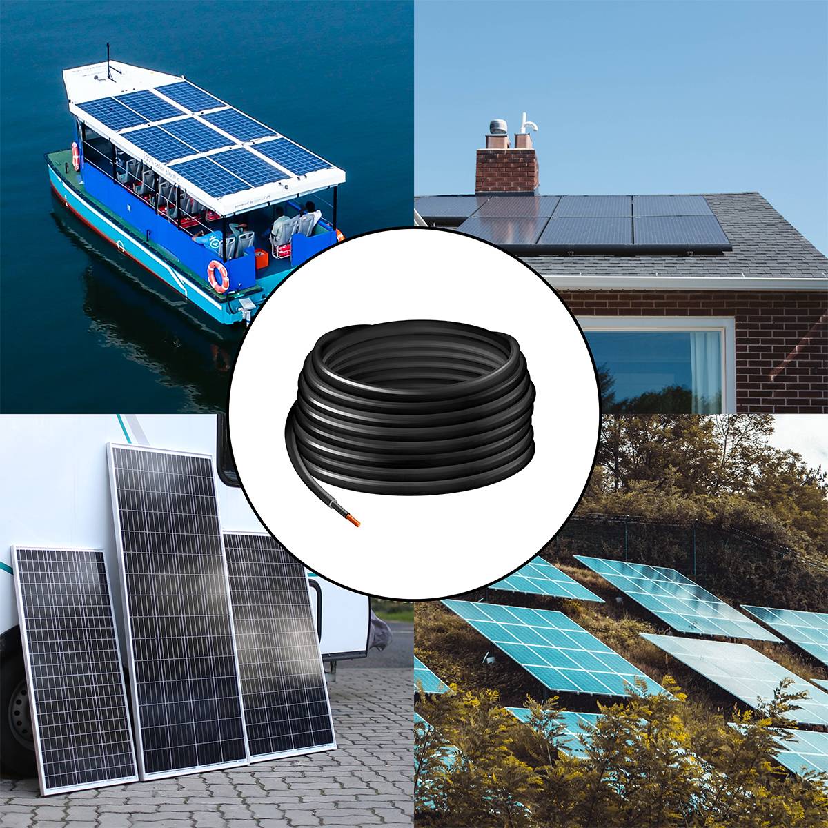 Loď se solárními panely, střecha s fotovoltaickou elektrárnou, několik solárních panelů na trávě a panely na dodávce. Ve středu cívka kabelu.