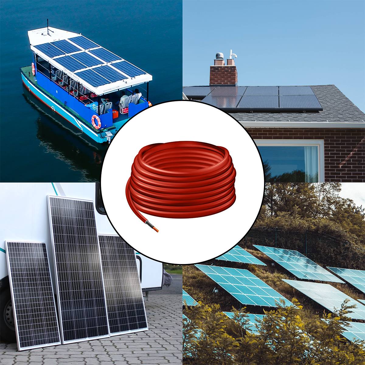 'Aplikace solárních kolektorů': Loď, střecha domu, přenosné panely a louka s fotovoltaickými panely. Ve středu červená kabelová cívka.