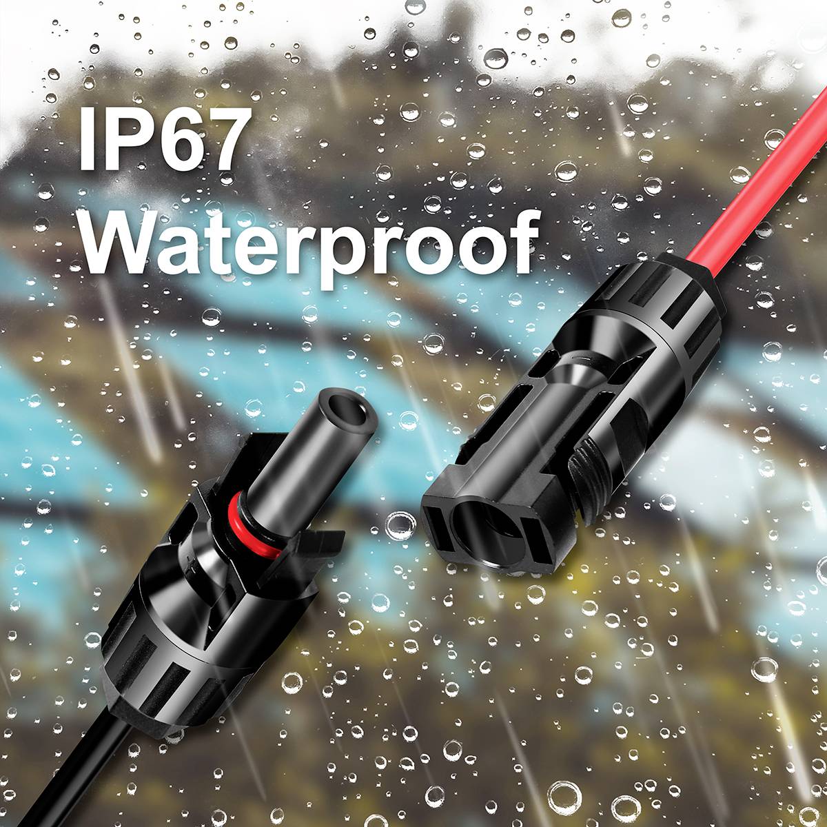 Konektorové spoje s černým pouzdrem v dešti, text: 'IP67 Vodotěsné', symbolizují voděodolnost.