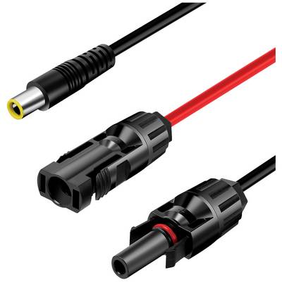 Černý a červený kabel s konektory. Nahoře vlevo kulatý konektor, dole konektor a zásuvka MC4, černé barvy.