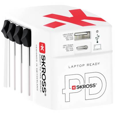 Cestovní adaptér se čtyřmi zástrčkami, s USB-A a USB-C porty. Potisk 'Laptop Ready PD'. Vhodný pro mezinárodní použití.