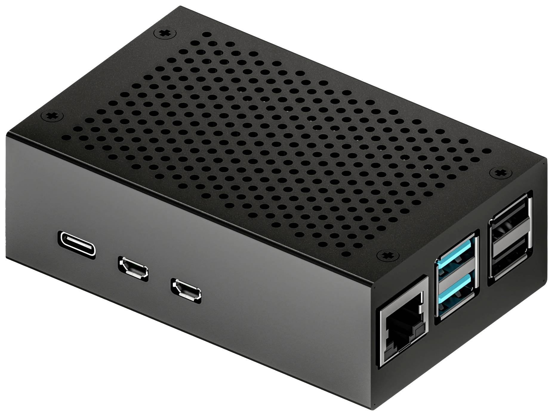 Černá, perforovaná počítačová skříň s několika USB porty a ethernetovým rozhraním. Kompaktní, pravoúhlá a vhodná pro technické aplikace.