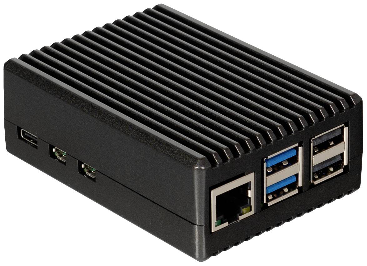 Černý jednodesková počítač s několika USB porty, ethernetovým konektorem a chladicím žebrovaným designem po straně.