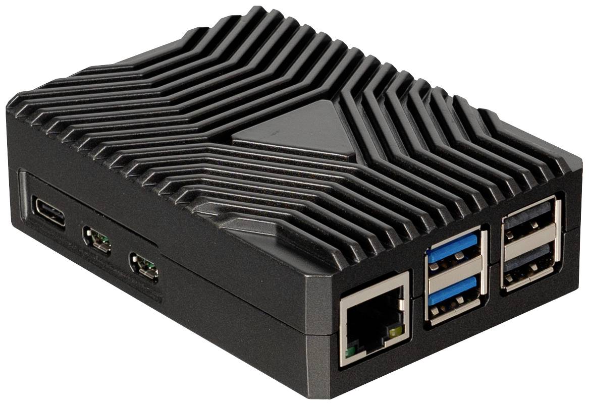 Černá, žebrovaná, obdélníková počítačová skříň zobrazuje několik USB portů, ethernetový port a HDMI port.