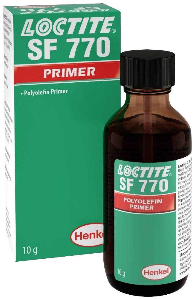 Láhev a obal přípravku 'LOCTITE SF 770', polyolefinového primeru. Používaný především ve zpracování plastů.