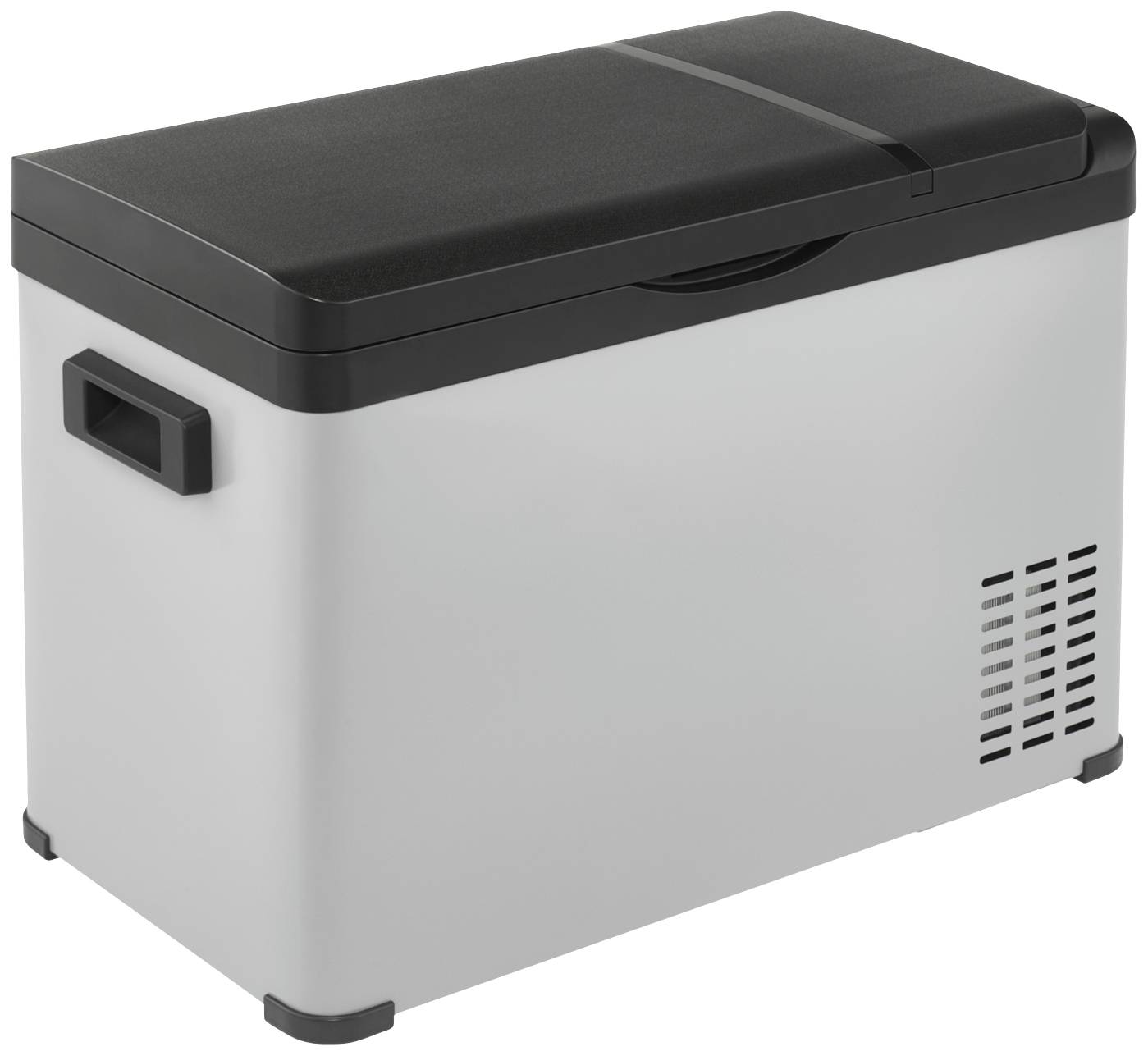 Přenosný chladící box obdélníkového tvaru, bílý s černým víkem, bočním držadlem a ventilačními štěrbinami v dolním pravém rohu.