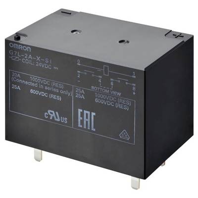 Černé Omron relé 'G7L-2A-X-SI', zobrazuje technické specifikace; 20A/25A, 600VDC. Vhodné pro sériové zapojení.