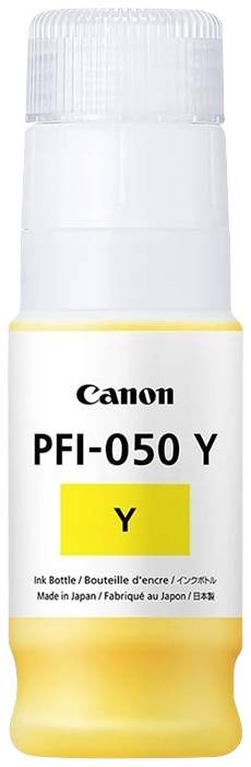 Žlutá inkoustová láhev Canon, model PFI-050 Y. Vhodná pro doplňování tiskových cartridgí. Na výrobku nápis 'Vyrobeno v Japonsku'.