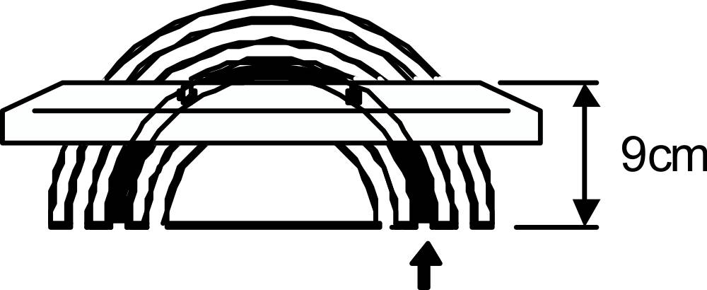 Diagram mostní struktury: Nahoře plochá plocha, dole několik zmenšujících se oblouků. Celková výška 9 cm, šipka ukazuje na základnu.