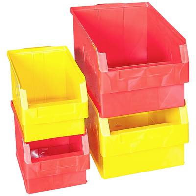 Tři červené a dvě žluté plastové skladovací boxy, které jsou navršeny na sebe.