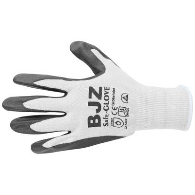 Pracovní rukavice s šedými špičkami prstů a dlaní je zobrazena s potiskem 'BJZ SAFE-GLOVE'. Rukavice je certifikována proti mechanickým rizikům.