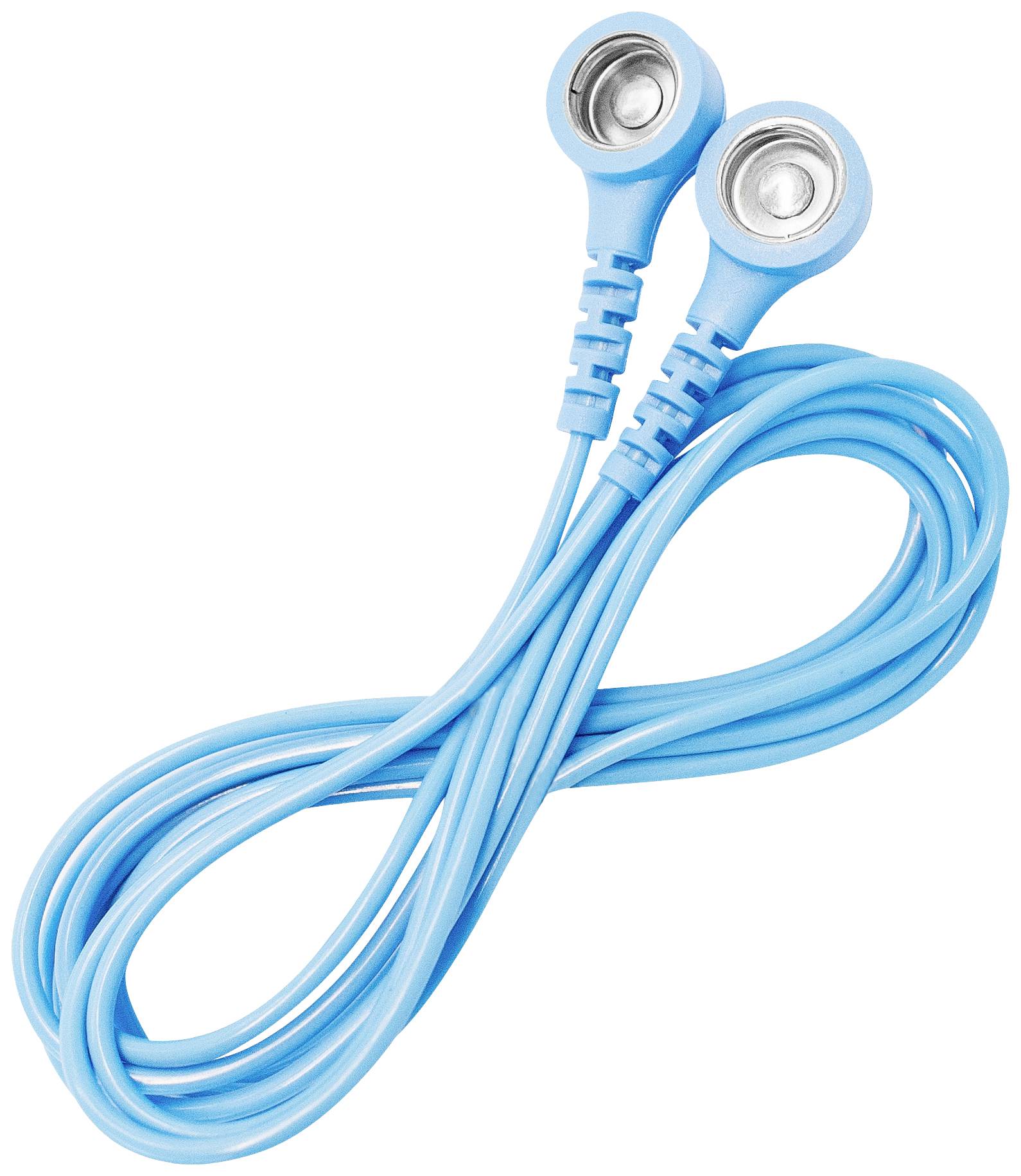 Modrý kabel, který je na obou koncích opatřen kulatými kovovými kontakty. Zdá se, že je určen pro lékařské aplikace.