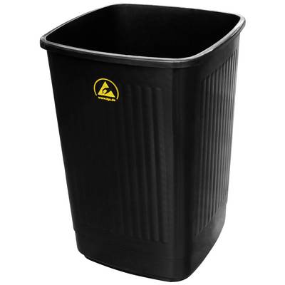 Černý, pravoúhlý odpadkový koš s žlutým symbolem recyklace na přední straně.