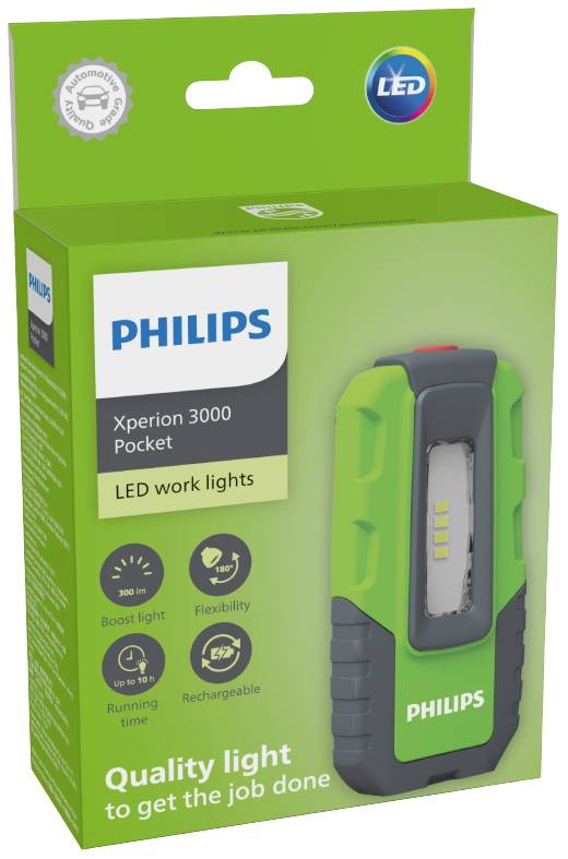 Obal svítilny Philips Xperion 3000 Pocket zobrazuje lampu, funkce v symbolech, design v zeleno-černé barvě, flexibilní a dobíjecí.