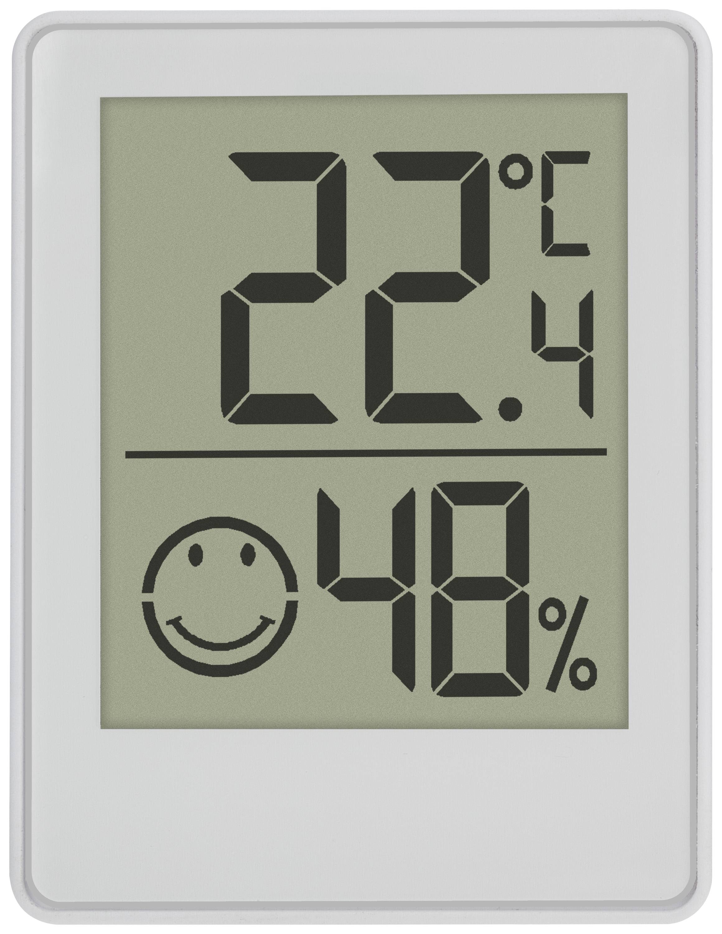 Digitální termo-hygrometr ukazuje 22,4°C a 48% relativní vlhkosti. Smajlík symbolizuje pohodlí.